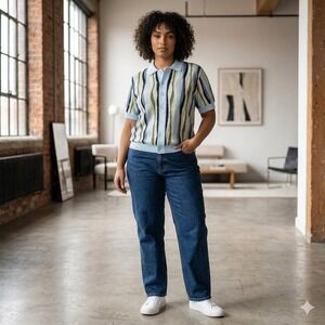 WeSC NWT Womens Knit Polo XXL Blue Green Wavy Button Front PLUS Retro Cardigan